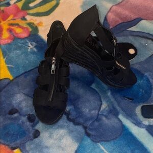 Lauren Ralph Lauren Black Wedge Sandals with Zipper